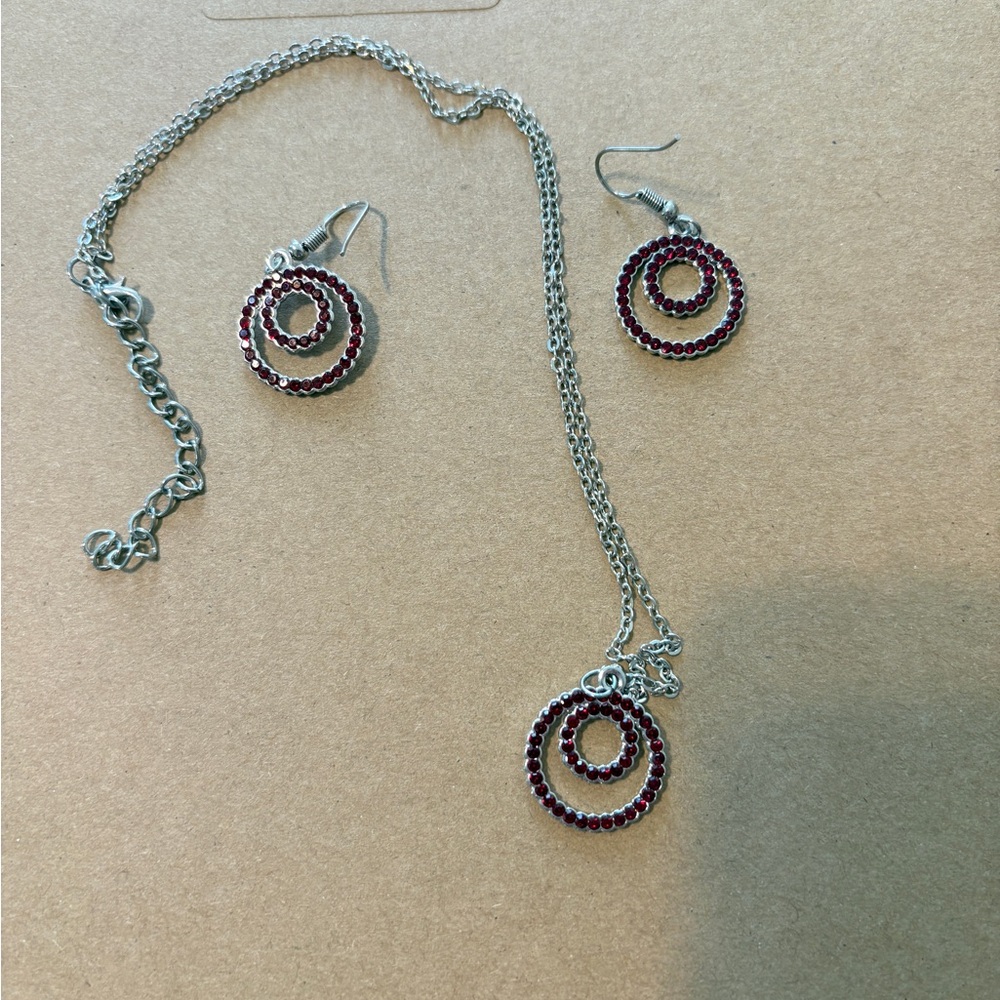 Silver Necklace and Earrings Set with Deep Red Crystal Circles